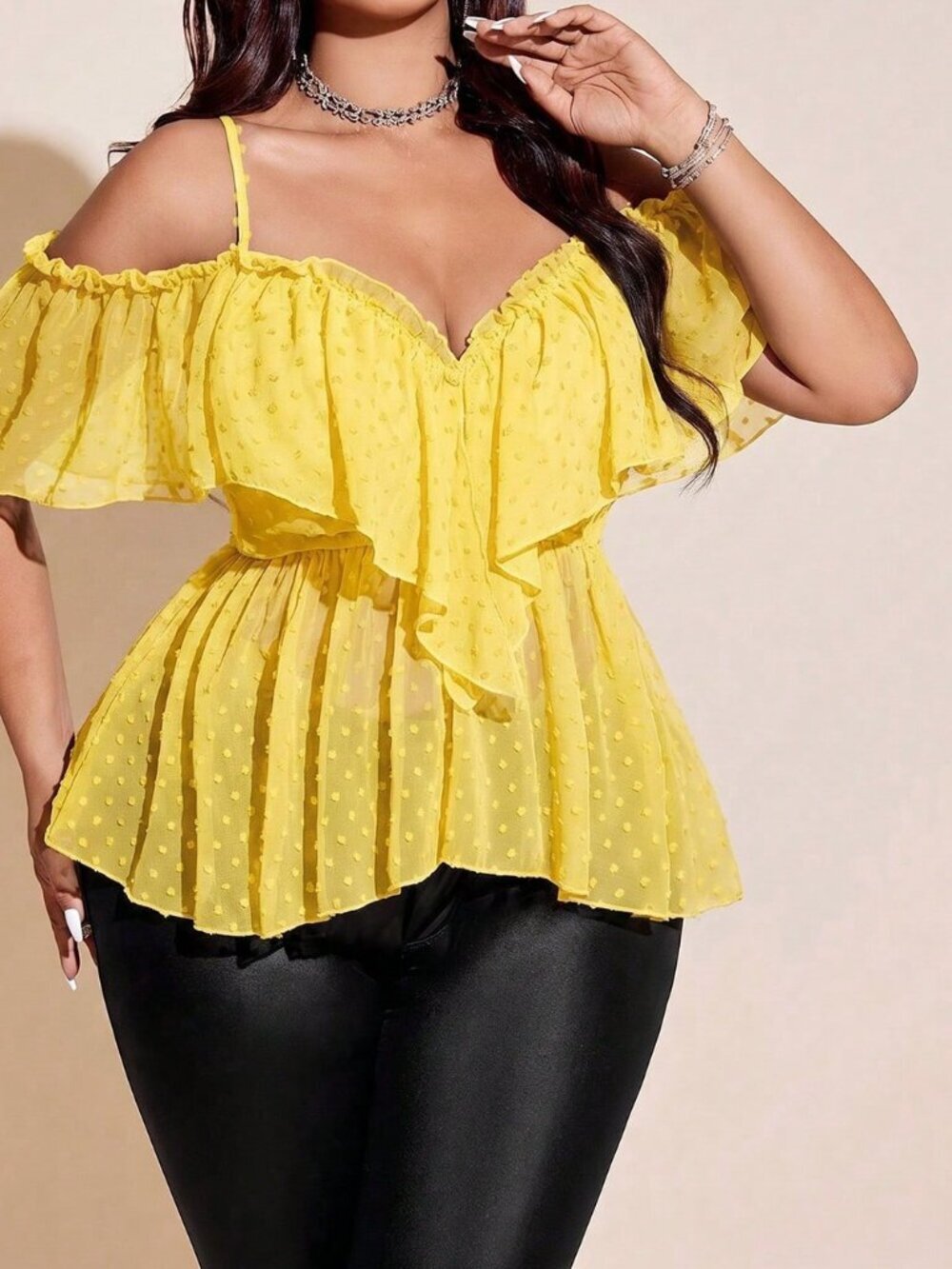 Light Yellow Casual Women's Plus Size Sexy Ruffle Trim Camisole Blouse